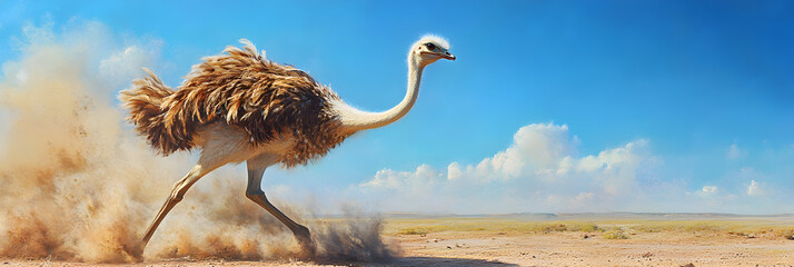 Majestic Ostrich Sprinting Across Sunlit Plains Against Blue Sky: Nature's Wild Racer in Motion