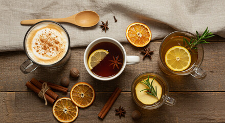 Flat lay of seasonal drink menu items, like latte, tea and cider, with linen and wood props