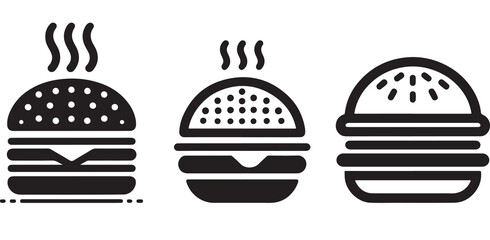 Burger icon or logo set. Hot hamburger black silhouette. Fast food black symbol. Vector illustration. stock illustration.