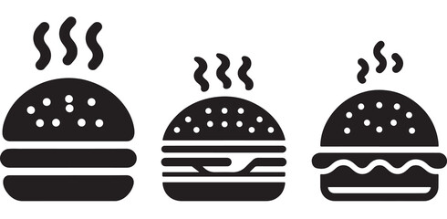Burger icon or logo set. Hot hamburger black silhouette. Fast food black symbol. Vector illustration. stock illustration.