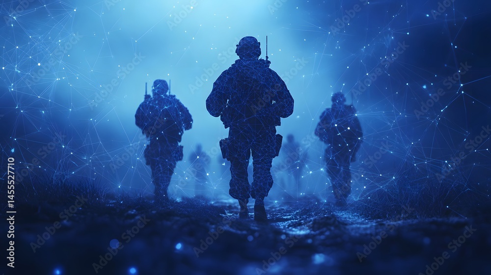 Poster Stylized digital soldiers on a mission, outlined by interconnected lines in a futuristic field. Predominantly blue, enhancing technological feel. Abstract Digital low-poly mesh wireframe in dark blue