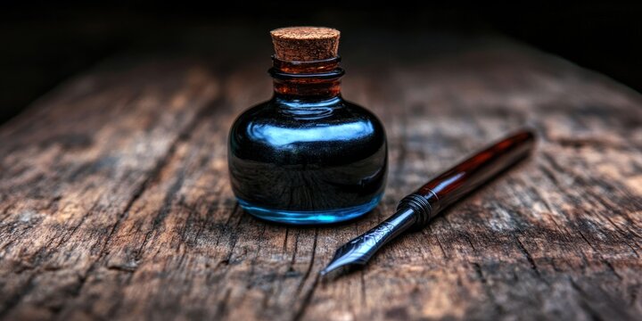 Inkwell and fountain pen on rustic wood