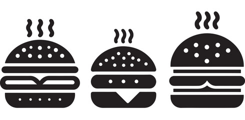 Burger icon or logo set. Hot hamburger black silhouette. Fast food black symbol. Vector illustration. stock illustration.