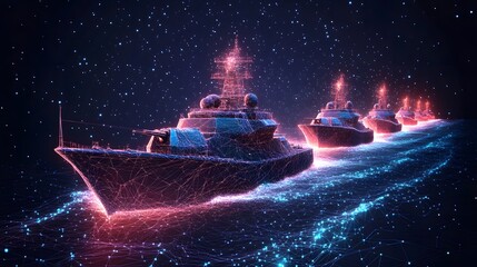 Abstract warships sail under a starry sky, rendered in connected pink and blue wireframes. A digital low-poly wireframe connects dots in dark blue.