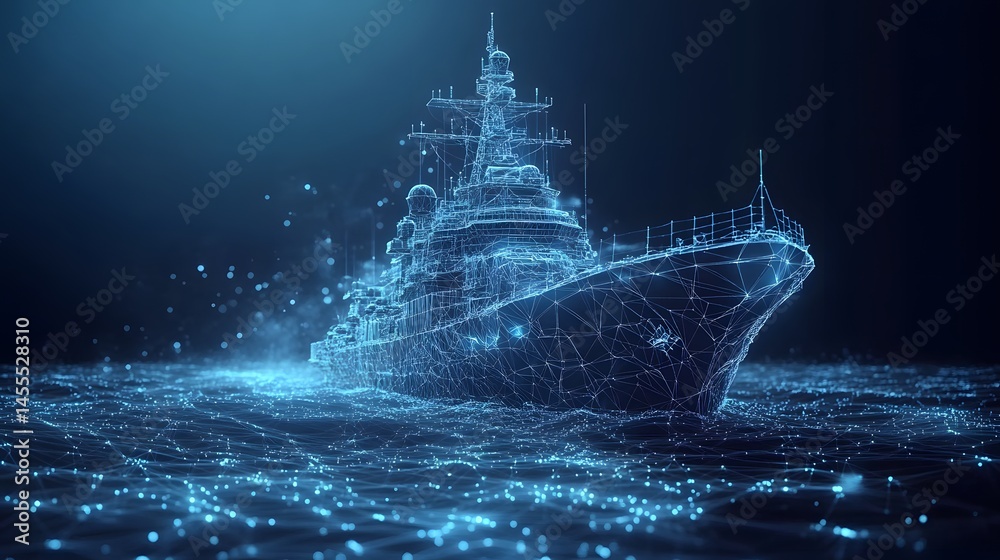 Fototapete futuristic warship on digitized water. modern naval vessel with interconnected blue lines and nodes 