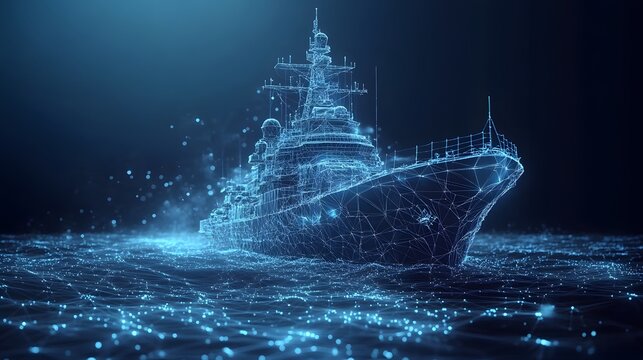 Futuristic warship on digitized water. Modern naval vessel with interconnected blue lines and nodes creates a holographic, technological effect. Abstract Digital low-poly wireframe connected dots