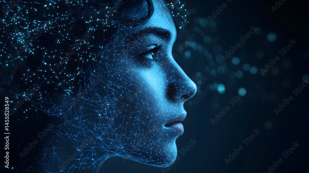 Aufkleber futuristic profile of a woman with a digital network overlay. her face features are detailed, enhanc
