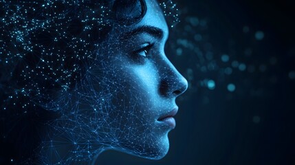 Futuristic profile of a woman with a digital network overlay. Her face features are detailed, enhanced by a cool, bluish tone. Abstract Digital low-poly wireframe connected dots in dark blue