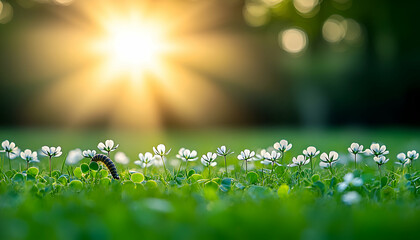 Obraz premium Serene sunset scene featuring delicate white flowers and a millipede amidst lush green grass, bathed in golden sunlight.