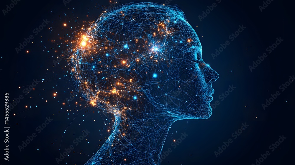 Leinwandbilder stylized digital profile of a human head showcasing interconnected neural activity, radiating intell