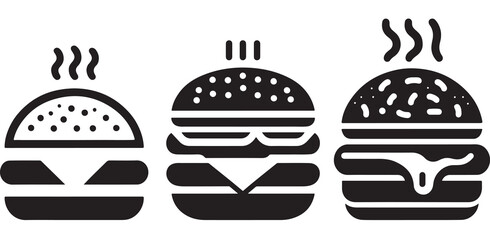 Burger icon or logo set. Hot hamburger black silhouette. Fast food black symbol. Vector illustration. stock illustration.