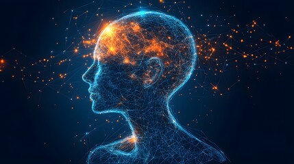 Futuristic digital representation of the human brain and neural network. Abstract Digital low-poly wireframe connected dots in dark blue