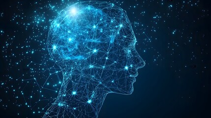 Fototapeta premium Digital mindscape: A luminous blue network forms a human head, symbolizing AI, technology, and consciousness. Abstract Digital low-poly wireframe connected dots in dark blue