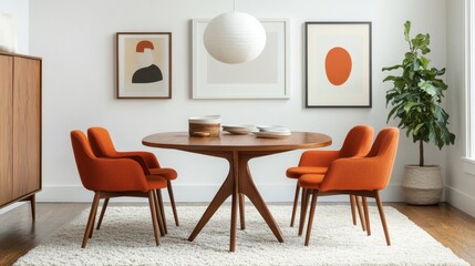 Round wood table with orange chairs, white pendant, soft rug, and framed wall art create a retro-inspired dining space