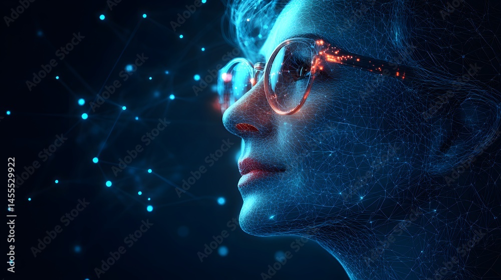 Poster Futuristic digital portrait with glowing blue nodes and red lips. Rounded glasses feature vibrant orange lines, highlighting the abstract digital form. Abstract Digital low-poly wireframe connected