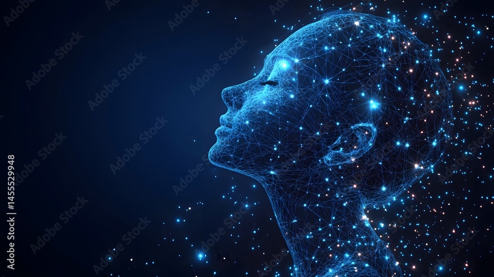 Poster futuristic human figure rendered in glowing blue lines and points against a deep blue backdrop. evok