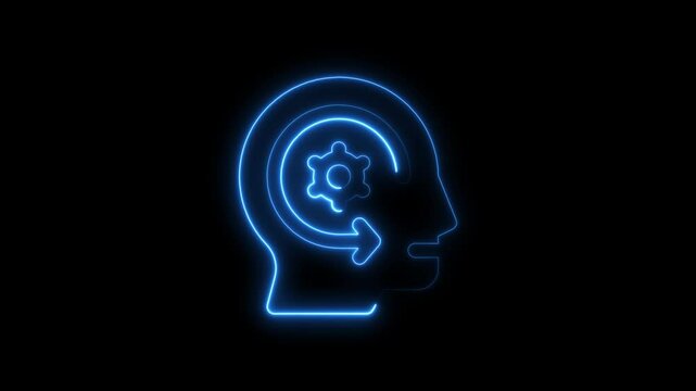 Animated neon human head processing cog wheel idea concept black background