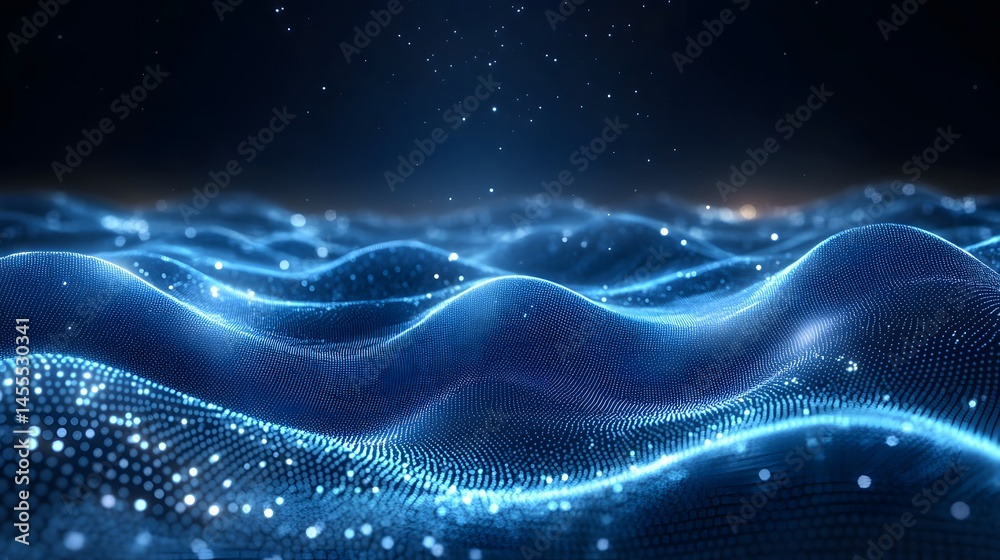 Poster futuristic landscape of blue, glowing particles forming ethereal waves under a dark, starry haze. a 