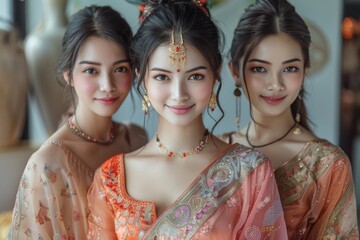 Obraz premium Young Women in Traditional Asian Dresses with Modern Fashion Details, Featuring Intricate Patterns and Vibrant Colors in a Contemporary Cultural Expression.