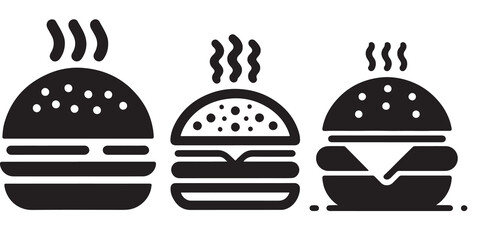 Burger icon or logo set. Hot hamburger black silhouette. Fast food black symbol. Vector illustration. stock illustration.