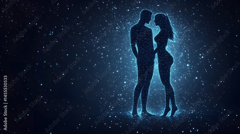 Poster Digital art showcasing a couple intertwined with glowing lines against a starlit backdrop. Evokes connection and futuristic love. Abstract Digital low-poly wireframe connected dots in dark blue
