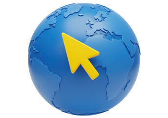 Fototapeta premium A blue globe with continents shown and a yellow cursor pointing towards the center isolated on transparent background