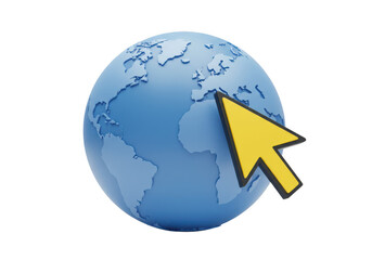 Fototapeta premium A blue globe with continents and a yellow cursor pointing at europe isolated on transparent background