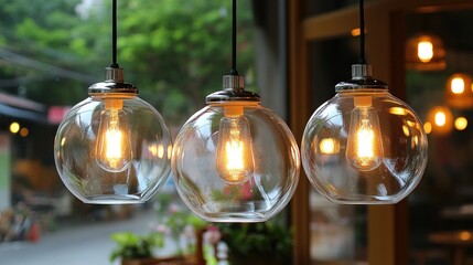 Three hanging light globes, warm light