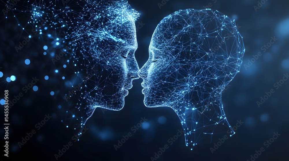 Poster Interconnected minds. A dissolving silhouette meets a solid form, symbolizing connection and contrast. Abstract Digital low-poly wireframe connected dots in dark blue