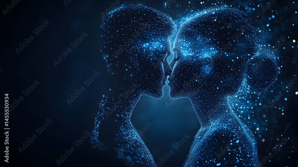 Aufkleber Interconnected figures glow with tech intimacy against dark blue, showing connection. Ethereal, futuristic bond. Abstract Digital low-poly wireframe connected dots in dark blue.