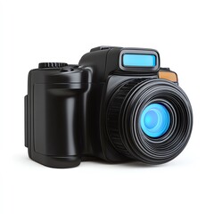 Fototapeta premium Sleek Black Camera, Ready to Capture Stunning Moments, a Digital Device with a Bright Blue Lens