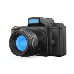 Fototapeta premium Sleek Black Camera with a Vibrant Blue Lens, Ready to Capture Stunning Images and Moments