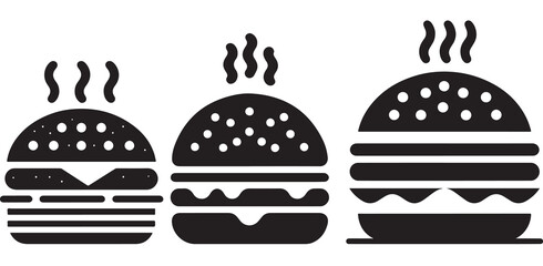 Burger icon or logo set. Hot hamburger black silhouette. Fast food black symbol. Vector illustration. stock illustration.