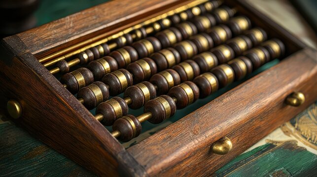 An old-fashioned wooden abacus with brass accents and rich, dark wood.