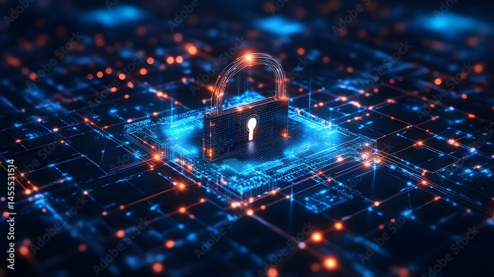 Poster Futuristic padlock securing digital data on a microchip platform, symbolizing cybersecurity. Intricate network background conveys safety. Abstract Digital low-poly wireframe connected