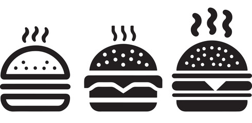 Burger icon or logo set. Hot hamburger black silhouette. Fast food black symbol. Vector illustration. stock illustration.