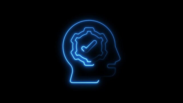 Glowing blue neon animated brain icon representing approved idea or success