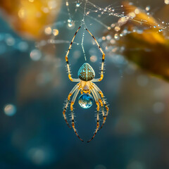 A spider hanging from its web with water droplets on it, a glass egg in the center of its lines, and a dewy crystal orb at each end