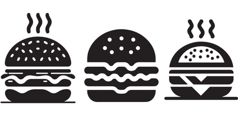 Burger icon or logo set. Hot hamburger black silhouette. Fast food black symbol. Vector illustration. stock illustration.