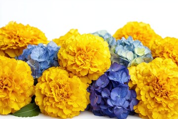 Vibrant bouquet of marigolds and hydrangeas.