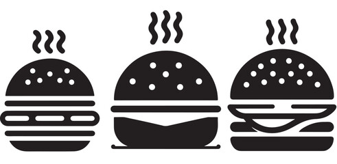 Burger icon or logo set. Hot hamburger black silhouette. Fast food black symbol. Vector illustration. stock illustration.