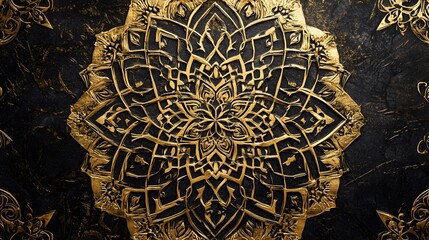 Ornate, golden mandala design on a dark background.