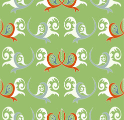 On a green background there are stylized plants of red, white, gray tones, reminiscent of ancient Russian painting.
