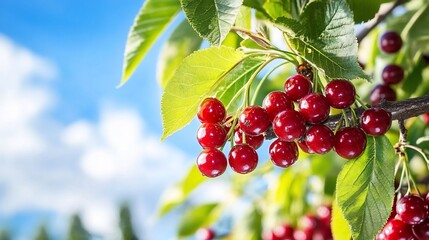 Obraz premium Ripe cherries on a branch against a blue sky. Lush, juicy cherries hang from a tree branch with vibrant green leaves. A beautiful summer day