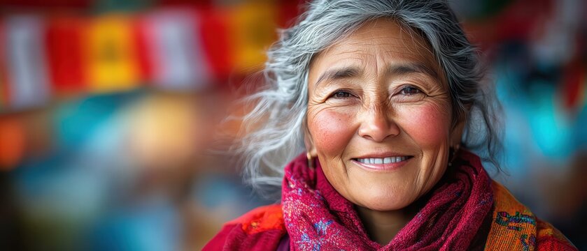 Tibetan woman in chuba smiling side angle prayer flags flutter behind clean air cultural warmth