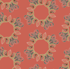 On a brick-brown background, stylized plant leaves and small elements are arranged in a circle, reminiscent of Old Russian painting.