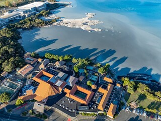 Aerial view of Polynesian Spa in Rotorua, New Zealand. Tourists visit the spa to relax and enjoy the geothermal waters and therapeutic treatments.
