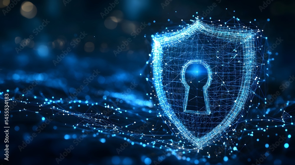 Aufkleber Glowing blue shield with keyhole, symbolizing digital protection and security. Abstract Digital low-poly wireframe connected dots in dark blue.