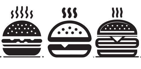 Burger icon or logo set. Hot hamburger black silhouette. Fast food black symbol. Vector illustration. stock illustration.