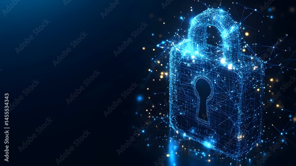 Leinwandbilder futuristic padlock, glowing with interconnected digital lines against a deep blue backdrop. security